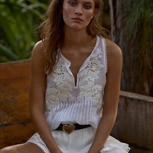 Anthropologie Ranna Gill Linen Lace Tank Top XXS White Boho Cottagecore